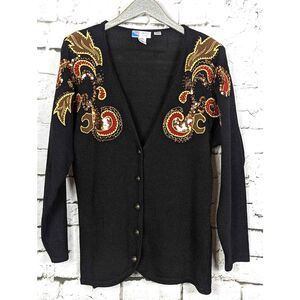VTG LINDSEY BLAKE Embellished Sequined Paisley Cardigan 80's Artsy Unique Large
